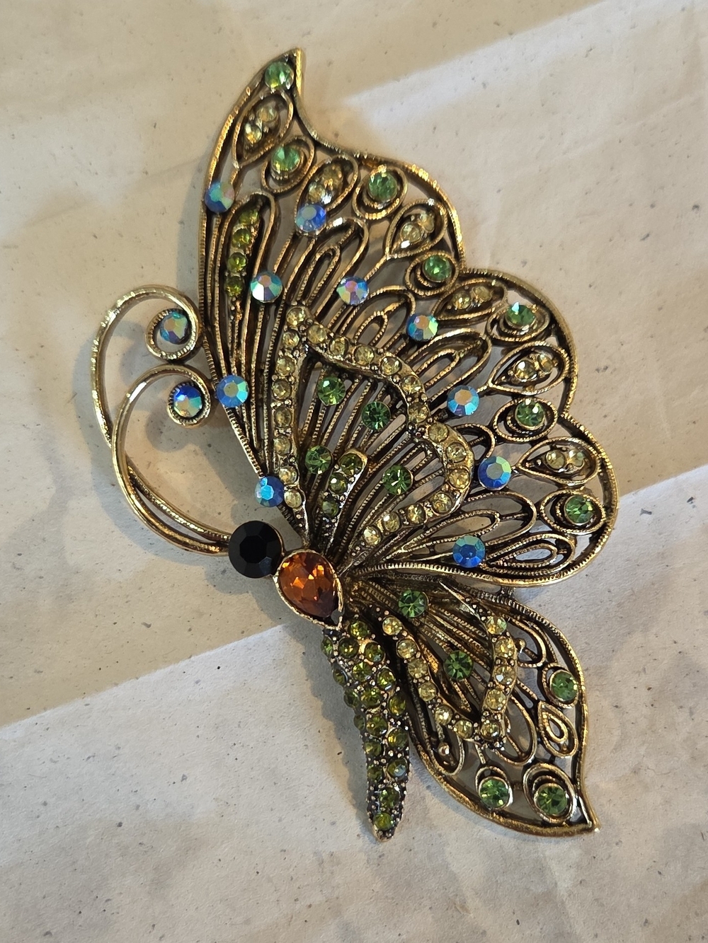 Gold Butterfly Brooch/Pendant with Green and Aurora Rhinestones